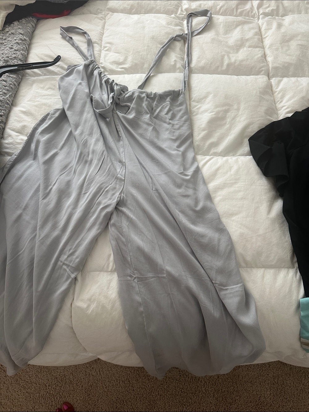 Zenana Outfitters Light Gray Tie-Shoulder Wide-Leg Jumpsuit